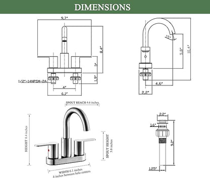 Chrome 4 Inch Centerset Bathroom Sink Faucet 3 Holes with Pop up Drain, High Arc Modern 2 Handle Bathroom Vanity Lavatory Faucet with Brass 360° Swivel Spout, TAF067E-CP
