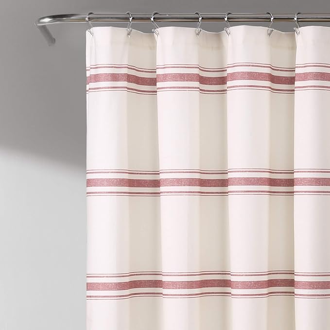 Lush Decor Farmhouse Stripe Cotton Shower Curtain, 72" W x 72" L, Red - Striped Bathroom Curtain - Fabric Shower Curtains - Farmhouse Bathroom Decor