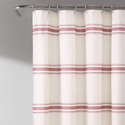 Lush Decor Farmhouse Stripe Cotton Shower Curtain, 72" W x 72" L, Red - Striped Bathroom Curtain - Fabric Shower Curtains - Farmhouse Bathroom Decor