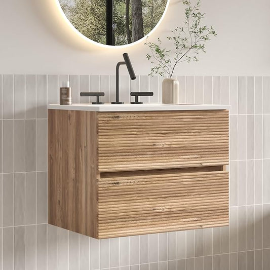24" Floating Bathroom Vanity with Sink, Modern Wall Mounted Floating Vanity with Ceramic Sink, Double Soft-Close Drawers for Small Space, Apartment, Rough Oak