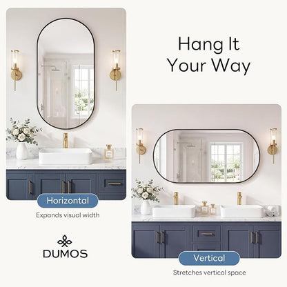 DUMOS 24" x 48" Oval Bathroom Mirror, Black Wall Mirrors with Metal Frame | Tempered Glass, Morden Vanity Mirror for Over Sink, Entryway, Living Room, Bedroom, Horizontal or Vertical