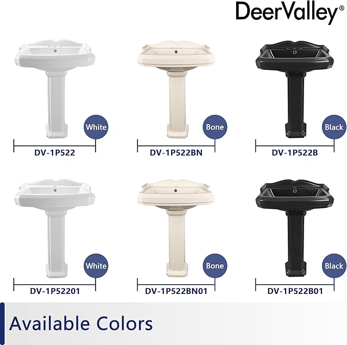 DeerValley Dynasty 23x19 Inch White Ceramic Pedestal Bathroom Sink with Overflow, Single Faucet Hole, DV-1P52201