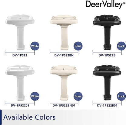 DeerValley Dynasty 23x19 Inch White Ceramic Pedestal Bathroom Sink with Overflow, Single Faucet Hole, DV-1P52201