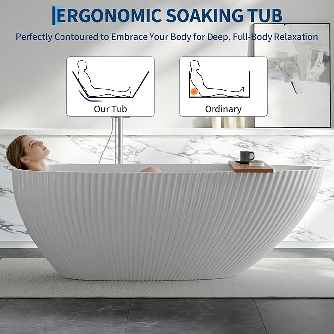 Freestanding Bathtub 67 Inch Acrylic Free Standing Tub Elegant Eggshell Silhouette with Lines,Freestanding Bathtubs with Chrome Overflow & Pop-Up Drain,Modern Stand Alone Tub for Bathroom Renovation