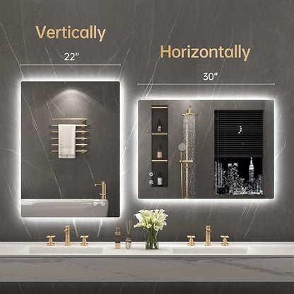 LOVESPEJO 22"x30" Backlit Mirror Bathroom, Lighted Bathroom Mirror with Lights, Fogless, Dimmable, 3 Color Changing, Shatterproof, Horizontal/Vertical（no Motion Sensor）