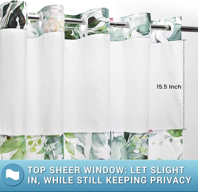 No Hook Shower Curtain with Liner, Eucalyptus Sage Green, 71x77 | Snap in Liner, 3 in 1, Water Repellent, Easy Install, Machine Washable, Hotel Style for Bathroom, Watercolor Pattern