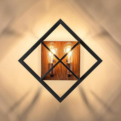 Farmhouse Wall Sconce, Black Wood, 2-Light | Rustic Indoor Wall Light, 17.8 Inch, E26 Base, Hardwired, for Stairway, Living Room, Bedroom, Bathroom