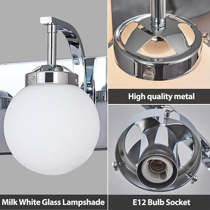 Modern 2 Lights Vanity Light Over Mirror Bathroom Vanity Light Fixtures Chrome Wall Sconce with Milk Glass Vanity Light for Bathroom Lighting