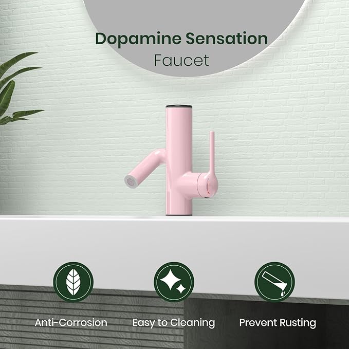 Bathroom Sink Faucet, Cactus-Shaped, Single Hole with Water-Powered 3Colors LED Temperature Display and Adjustable Outlet, 2 Water Flow Modes with Supply Hoses, No Battery, Pink