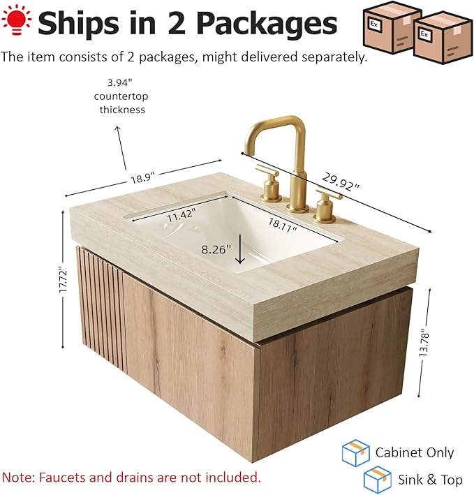 Ambrovina 30" Bathroom Vanity with Sink, Floating Bathroom Storage Cabinet with Drawer and Door, Roma Travertine-Pattern Top and 3 Pre-drilled Faucet Holes Ceramic Basin, Pre-Assembled, Light Wooden