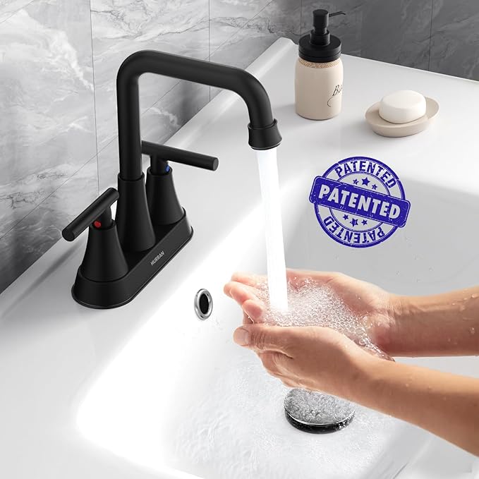 Matte Black Bathroom Sink Faucet, Hurran 4 inch Bathroom Faucets for Sink 3 Hole with Pop-up Drain and Supply Lines, Stainless Steel 2-Handle Centerset Faucet for Vanity RV Restroom