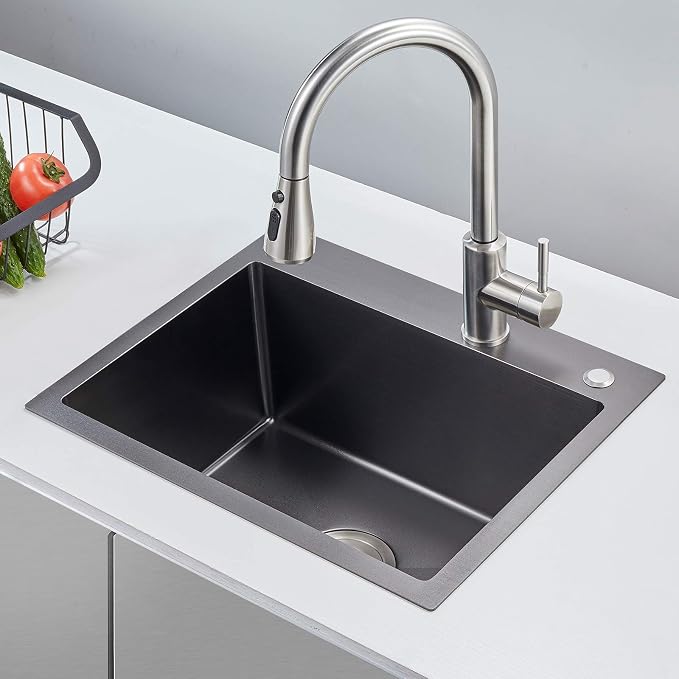 20"x16" Drop-In Single Bowl Kitchen Sink Black Steel 9" Deep | 20 inch Black drop-in sink | 304 Stainless Steel Handmade | Topmount/Overmount | Strainer included | Small Kitchen/Prep