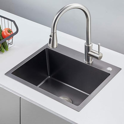 20"x16" Drop-In Single Bowl Kitchen Sink Black Steel 9" Deep | 20 inch Black drop-in sink | 304 Stainless Steel Handmade | Topmount/Overmount | Strainer included | Small Kitchen/Prep
