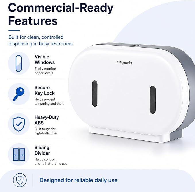 Commercial Double Roll Toilet Paper Dispenser Wall Mount | Holds Rolls up to 9 in, Lockable, Visible Window, Sliding Divider, No-Drill Installation, Heavy Duty ABS