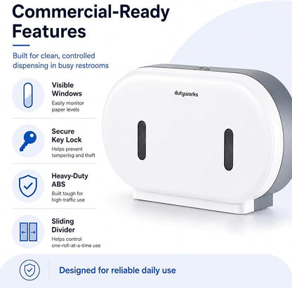 Commercial Double Roll Toilet Paper Dispenser Wall Mount | Holds Rolls up to 9 in, Lockable, Visible Window, Sliding Divider, No-Drill Installation, Heavy Duty ABS