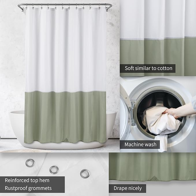ALYVIA SPRING Waterproof Fabric Shower Curtain or Liner White/Sage, 72x72 | 3 Magnets, Soft Cloth & Hotel Quality, Machine Washable, Light-Weight, Standard Size