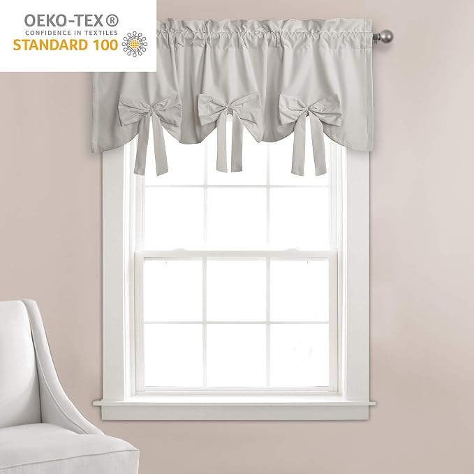 Lush Decor Melody Bow Valance Curtain 52" W x 18" L +3" Light Gray - Bow Curtains - Kitchen Valances for Windows - Coquette Valance Curtains for Bathroom