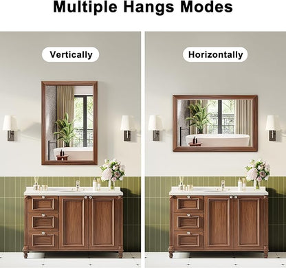 Bathroom Mirror for Over Sink,24x36Inch Thick Anti-Rust Wood Grain Metal Frame, Rectangle Decorative Wall Mirror with HD Tempered Glass, Horizontal or Vertical Mount for Vanity, Bathroom,Living Room