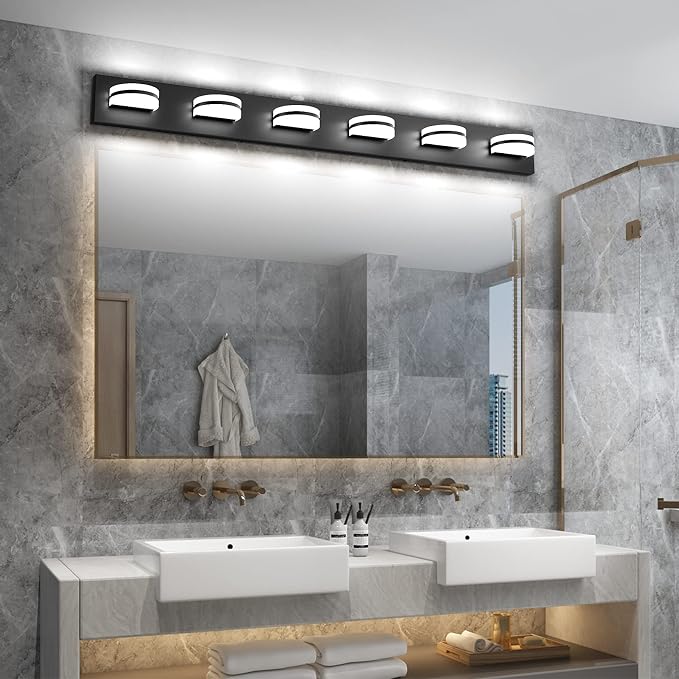 Aipsun 6 Lights Modern Black Vanity Light Up and Down Black LED Vanity Light Fixtures Bathroom Wall Light Over Mirror 6000K