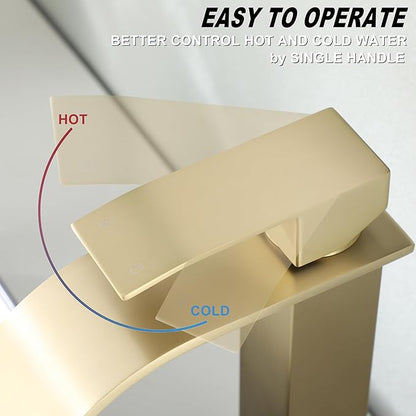 Vessel Sink Faucet, JXMMP Brushed Gold Bathroom Faucet Single Hole with Supply Hose and Pop Up Drain, Single Handle Waterfall Faucet for Bowl Sink, 1 Hole Vanity Faucet, JXM1221BG