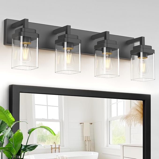 Matte Black Bathroom Light Fixtures, Modern Vanity Lights with Clear Glass Lamp Shade, Bathroom Lighting Fixtures Over Mirror, Restroom Vanity Lighting Fixture, 4-Light 30 Inch