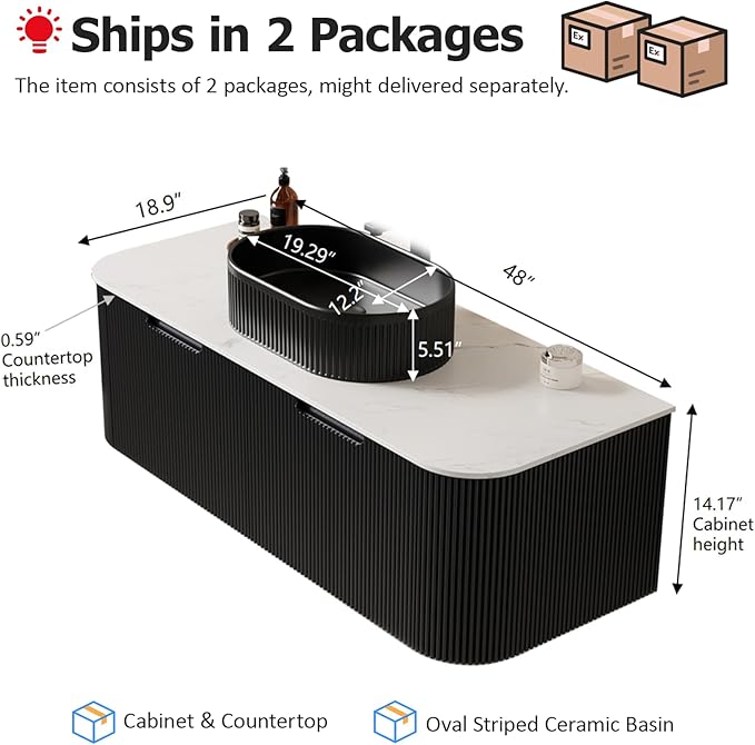 48 inch Floating Bathroom Vanity with Sink, Plywood Bathroom Vanities with Oval Ceramic Basin and Marble Top, 2 Large Soft-Closing Storage Drawers, Pre-Assembled Cabinet, Gloss Black