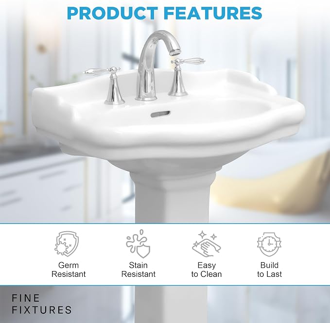 Roosevelt Bathroom Pedestal Sink – 18-Inch Small Pedestal Sink, Durable Vitreous China Ceramic with 4 Inch 3-Hole Bathroom Sink Faucet – Ideal for Modern Bathrooms