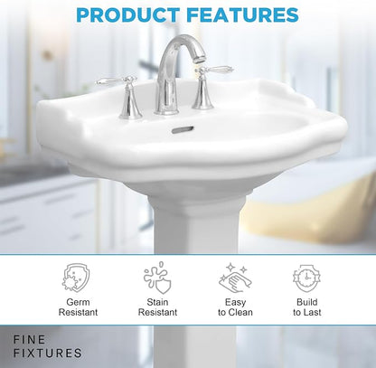 Roosevelt Bathroom Pedestal Sink – 22-Inch Small Pedestal Sink, Durable Vitreous China Ceramic with 4 Inch 3-Hole Bathroom Sink Faucet – Ideal for Modern Bathrooms