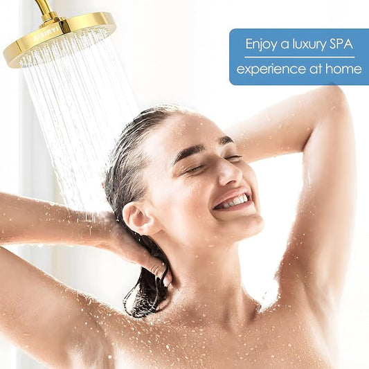 6" High Pressure Rain Shower Head, Luxury Gold Plated Finish | 6 Inch Fixed Bathroom Showerhead, Adjustable Replacement, 90 Anti-Clog Nozzles, Removable Restrictor, Tool-Free Easy Install