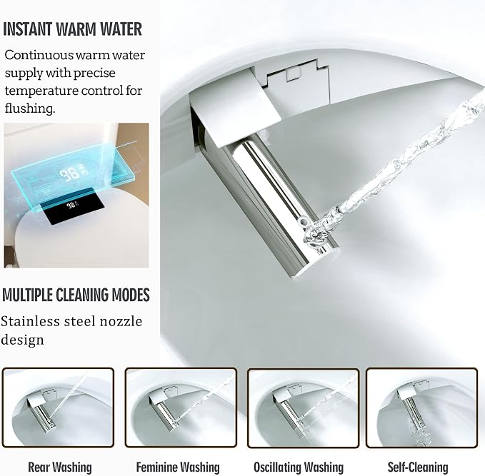 WLJBIDET Toilet Seat Bidet with Warm Water and Drying, O80KR - Round | Remote Control, Multiple Cleaning Modes, Adjustable Temperature, Soft Close Lid, LED Display, Nightlight