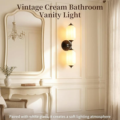 Vintage Milk Glass Bathroom Vanity Light, 2-Light Wall Sconce with Black Antique Base & E12 Bulbs Included, Adjustable 3-Color Temperature for Bedroom, Living Room, Kitchen