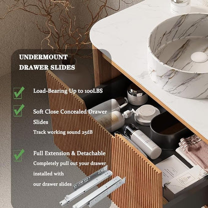 30'' Bathroom Vanities Cabinet with Sink Combo, Wall Mounted Floating Cabinet W/Curved Edges Stripes, Oak Plywood, Soft-close System with a Drawer, White Round Ceramic Basin - Kiel, Natural Wood/S