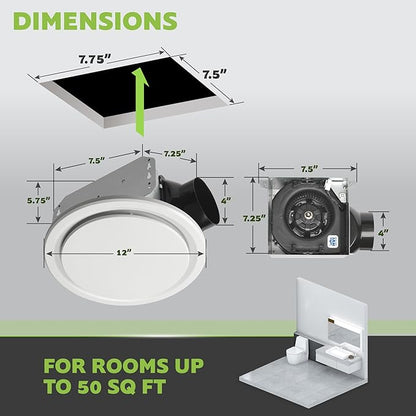 Homewerks 7140-50-G3 Bathroom Fan Ceiling Mount Exhaust Ventilation, Ultra Quiet 1.0 Sones, 50 CFM, White