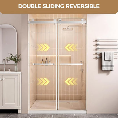 Frameless Stainless Steel Sliding Shower Door, 44-48" W x 76" H - 5/16" (8mm) Thick Tempered Glass Rust-Proof Glass Shower Door with Dual Tracks in Brushed Nickel