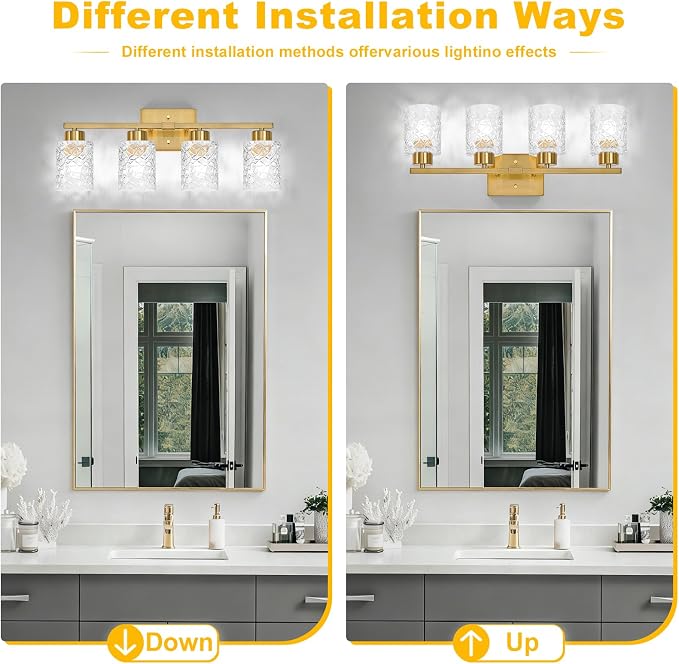4-Light Bathroom Light Fixtures, Brushed Gold Vanity Lights Over Mirror | Wall Sconces with Clear Textured Glass Shades for Living Room Bedroom Hallway,E26 Base (Bulbs Not Included)