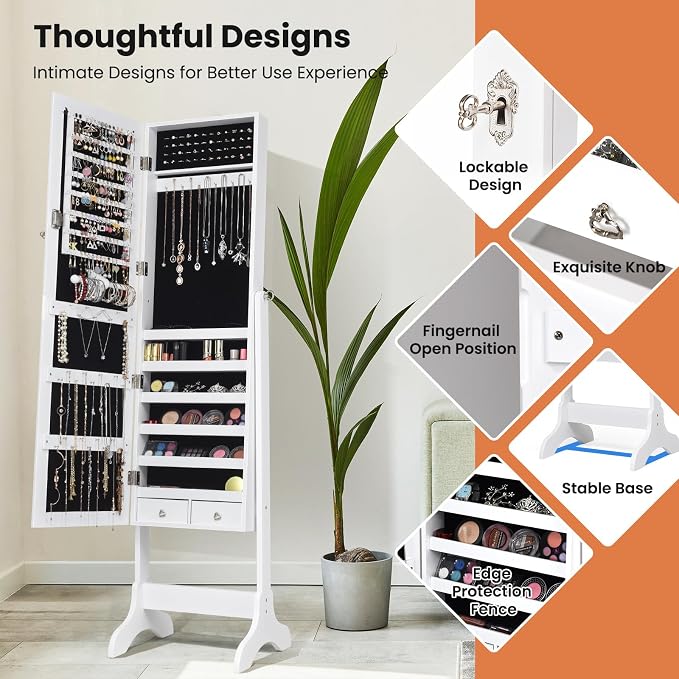 NAFORT Standing Mirrored Jewelry Box, Jewelry Armoire Storage Organizer Large Capacity, Wooden Mirror Jewelry Cabinet, 4 Angle Adjustable Full-length Storage mirror with 2 Drawers, White