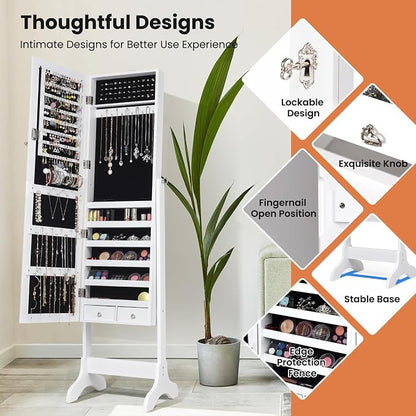 NAFORT Standing Mirrored Jewelry Box, Jewelry Armoire Storage Organizer Large Capacity, Wooden Mirror Jewelry Cabinet, 4 Angle Adjustable Full-length Storage mirror with 2 Drawers, White