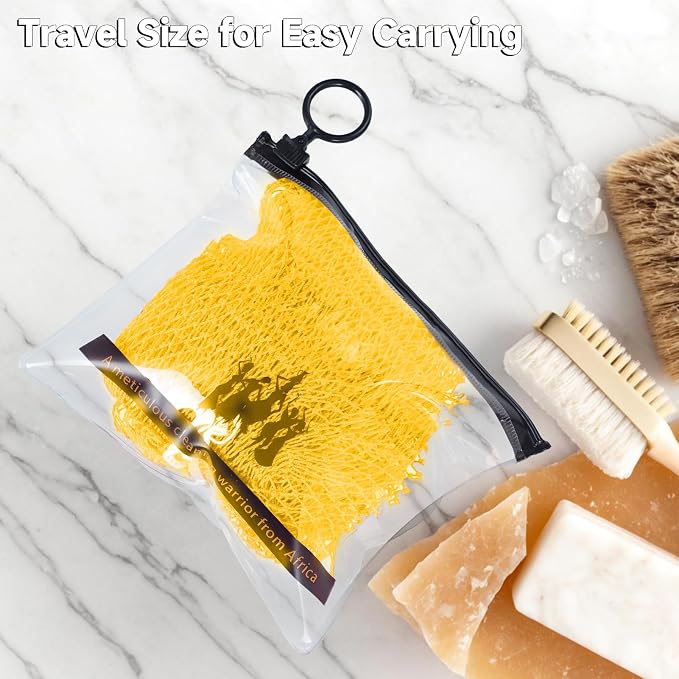 Authentic African Net Sponge,2Pack 45In Exfoliating Bath Sponge and Shower Loofah for Body and Back,Colorfast Quick-Dry Knotted Mesh Scrubber with Travel Pouch(Lavender purple&Bright yellow)