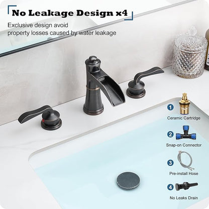 4-16 Inch Widespread Faucet Bronze Waterfall Bathroom Faucet 3 Hole Bathroom Sink Faucet, Brass Bath Faucets for Sink Two Handle Vanity Faucet with Drain and Supply Water Hose