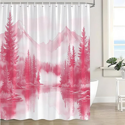 Pink Misty Forest Shower Curtain Mountain Foggy Pine Trees Landscape Watercolor Jungle Plant Rustic Nature Scenery Lake Fabric Bathroom Curtain Set with Hook