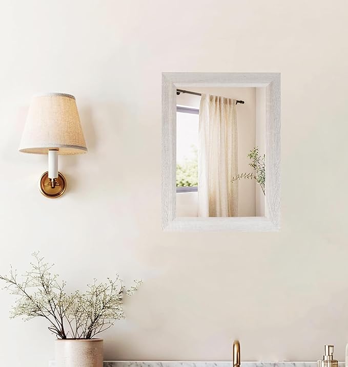 Small Rustic White Bathroom Mirror, 11.8x15.8inch Wooden Frame Rectangle Wall Mirror, Hanging Horizontally or Vertically, Suitable for Living Room Bathroom Bedroom Entryway