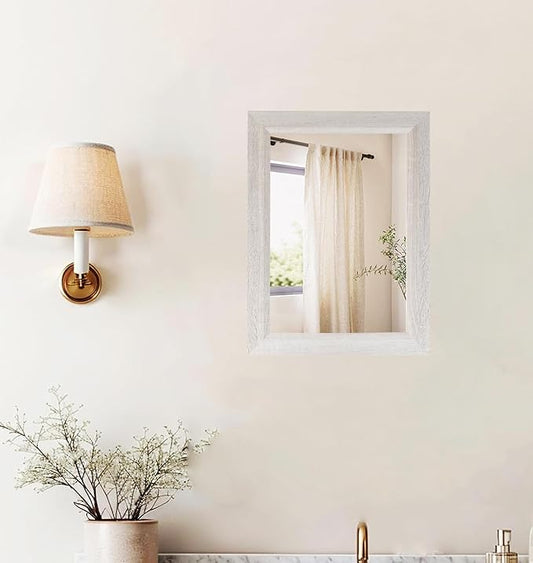 Small Rustic White Bathroom Mirror, 11.8x15.8inch Wooden Frame Rectangle Wall Mirror, Hanging Horizontally or Vertically, Suitable for Living Room Bathroom Bedroom Entryway