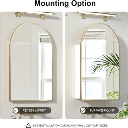 Recessed Medicine Cabinet for Bathroom,Brushed Gold Arched Medicine Cabinet with Mirror,Arch Mirrored Medicine Cabinets Recessed,Bathroom Mirror with Storage,Open from Left to Right 16x26