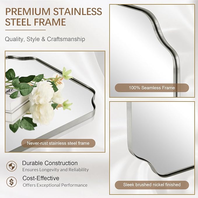 30x48 Inch Brushed Nickel Mirror, Large Silver Rectangle Mirror, Unique Scalloped Edge Design with Anti-Rust Stainless Steel Metal 1’’ Frame, Wall Mounts Vertically or Horizontally