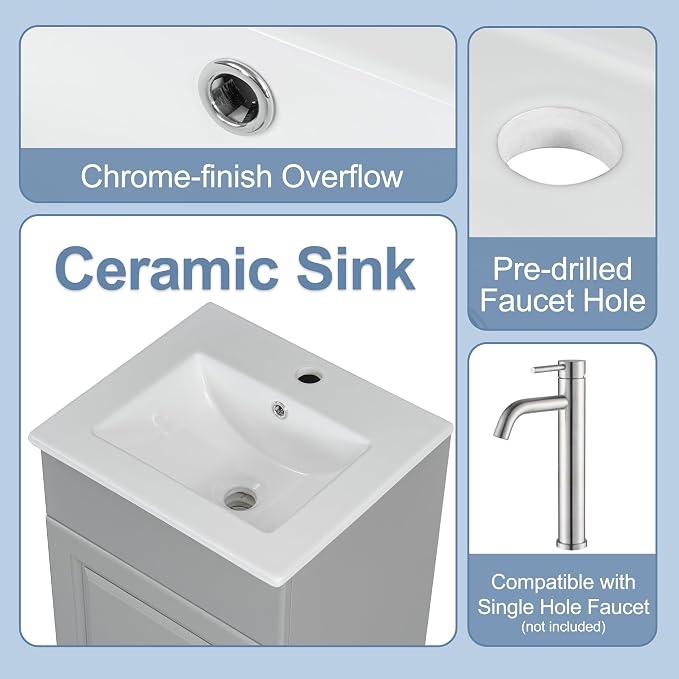 Christopher Knight Home Doreen 18" Bathroom Vanity with Ceramic Sink, Bathroom Vanity Cabinet with Door Organizer, Wooden Bathroom Storage Cabinet with Adjustable Shelf,Pedestal Sink with Storage,Grey