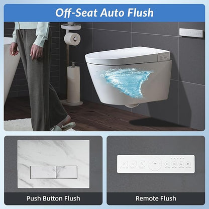 WOODBRIDGE Wall-Hung Smart Toilet with Dual-flush, Bidet Wash Function, Heated Seat & Dryer, Concealed Tank system and White Marble Stone Slim Flush Plates, LT611+ SWHT611+FP611-WH