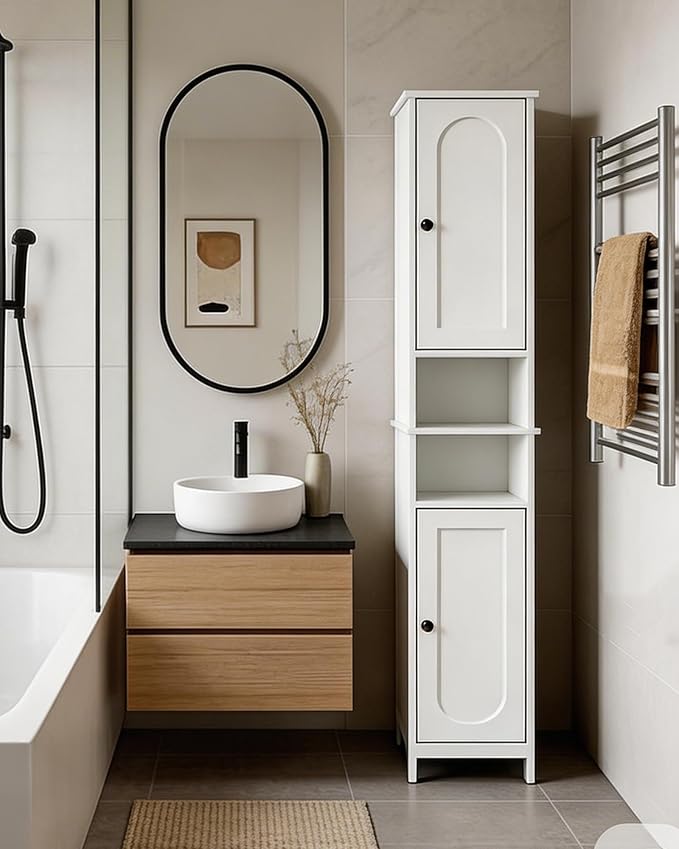 HAIOOU 67" Tall Bathroom Storage Cabinet with Light,11.8"W Narrow Bathroom Cabinet with Adjustable Glass Shelves,Slim Freestanding Cabinet for Small Spaces,Skinny Cabinet for Kitchen,Living Room white