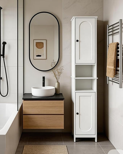 HAIOOU 67" Tall Bathroom Storage Cabinet with Light,11.8"W Narrow Bathroom Cabinet with Adjustable Glass Shelves,Slim Freestanding Cabinet for Small Spaces,Skinny Cabinet for Kitchen,Living Room white