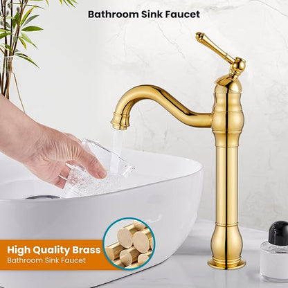 gotonovo Vintage Bathroom Vessel Sink Faucet, Polish Gold, with Drain | Tall Bathroom Faucet 1 Hole Single Handle, 360° Swivel Spout, cUPC Water Lines, Lead-Free, for Farmhouse Vanity Washbasin RV