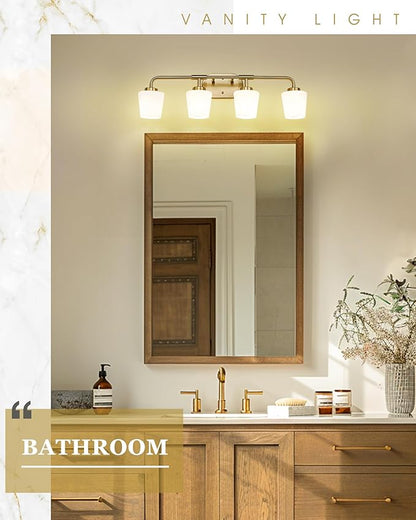 Bathroom Light Fixtures Over Mirror, 4-Light Brushed Gold Vanity Lighting Fixtures with Milk White Glass, Farmhouse Champagne Bronze Wall Sconces Lighting, AD-22004-4W-GD
